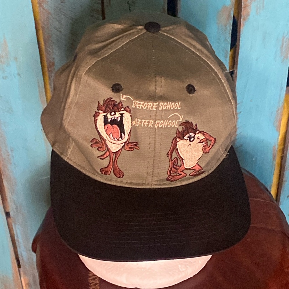 Vintage 90s Looney Tunes Taz school embroidered hat olive green